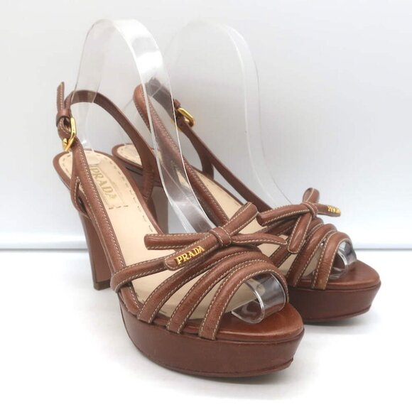 Prada Slingback Bow Sandals Brown Leather Size 37.5 Open Toe Platform Heels - Picture 1 of 16